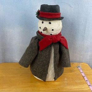 Rustic Papier Mache Snowman Figure in Coat and Hat